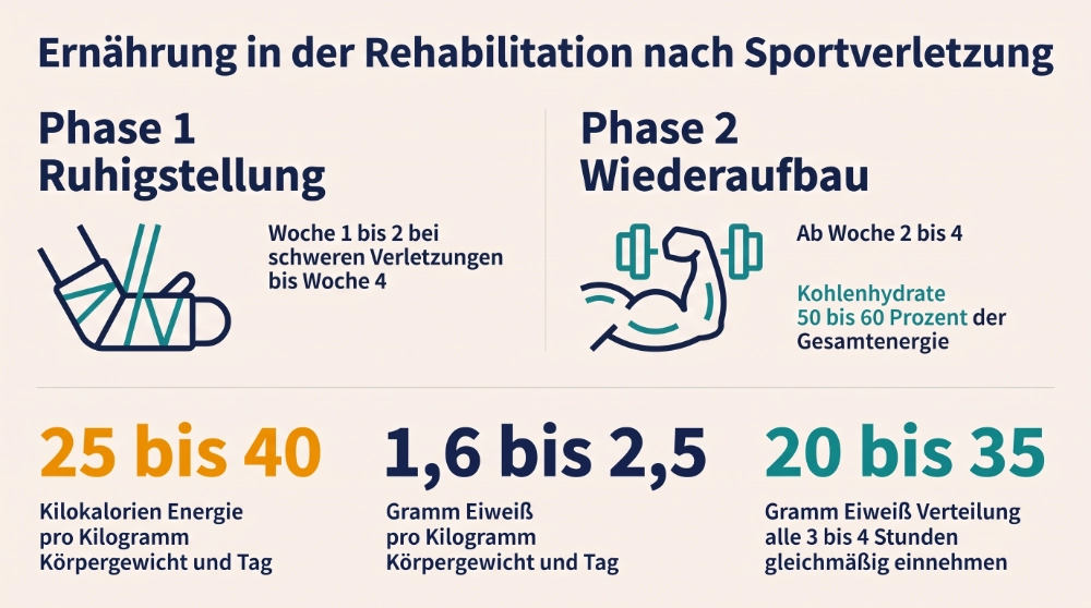 Infografik zur Ernährung in der Rehabilitation im Sport: Energie, Eiweiß und Phasen der Reha im Überblick