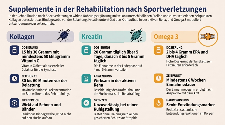 Infografik zu Supplementen in der Rehabilitation nach Sportverletzung: Kollagen, Kreatin und Omega 3 im Überblick
