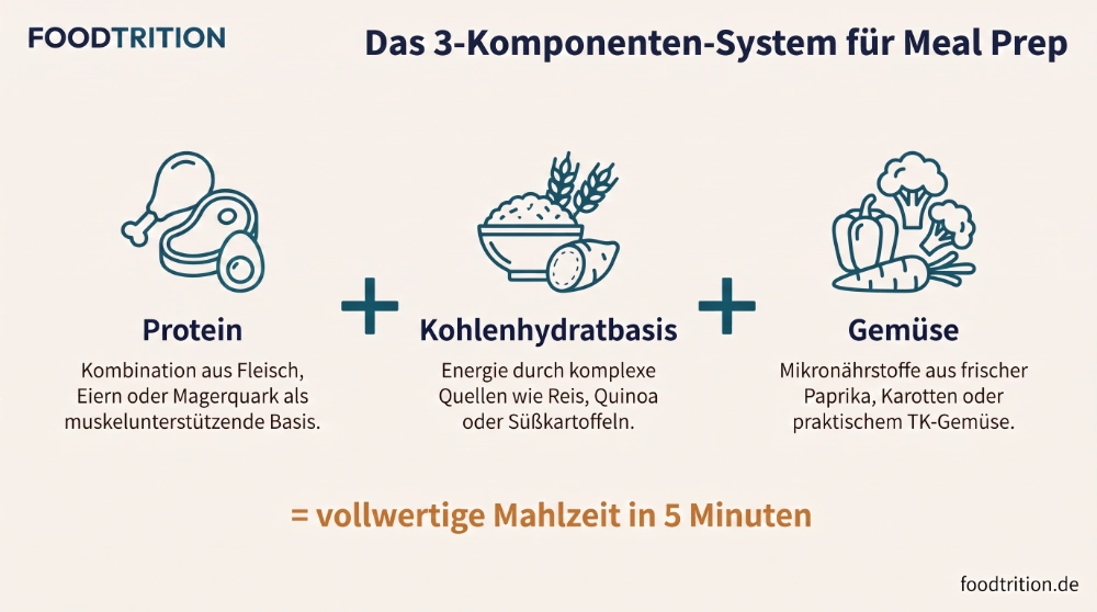 Berufstätiger Sportler Meal Prep: Behälter mit Haferflocken, Reis, Hähnchen und Gemüse