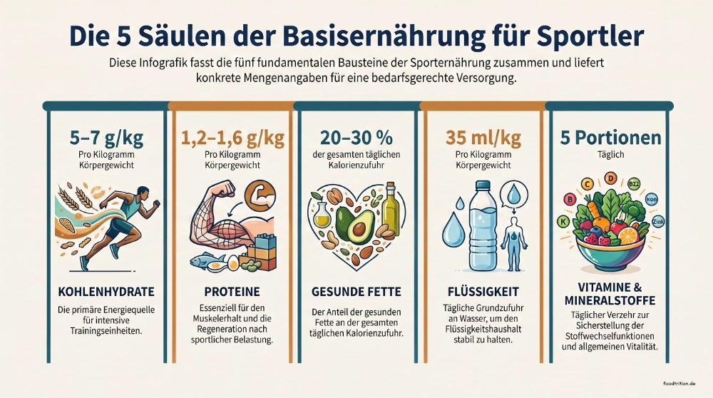 5 Säulen Basisernährung Sportler: Flüssigkeit, Kohlenhydrate, Protein, Fette, Vitamine