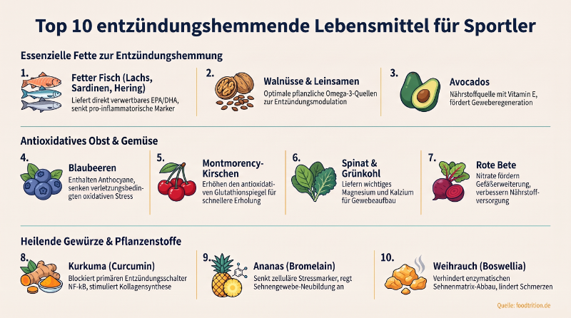 Entzündungshemmende Lebensmittel für Sportler: Lachs, Walnüsse, Avocados, Blaubeeren, Monzmorency-Kirschen, Spinat und Grünkohl, Rote Beete, Kurkume, Ananas und Weihrauch