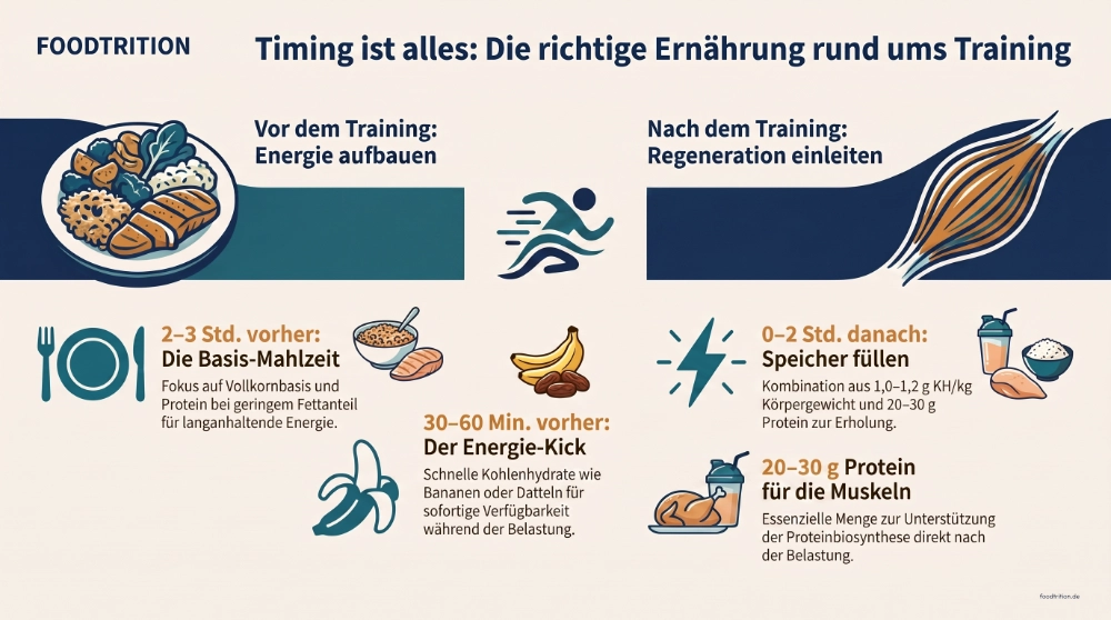 Berufstätiger Sportler mit Pre- und Post-Workout-Mahlzeiten: Haferflocken, Magerquark, Banane