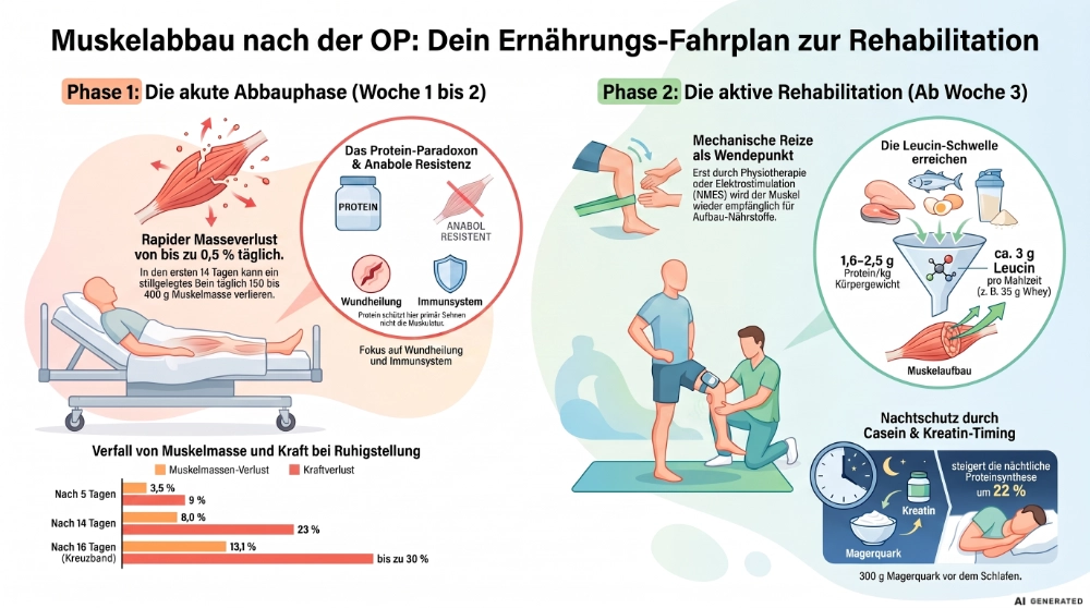 Infografik Muskelabbau nach OP: Phasen des Muskelverlusts und Ernährungsmaßnahmen in der Rehabilitation