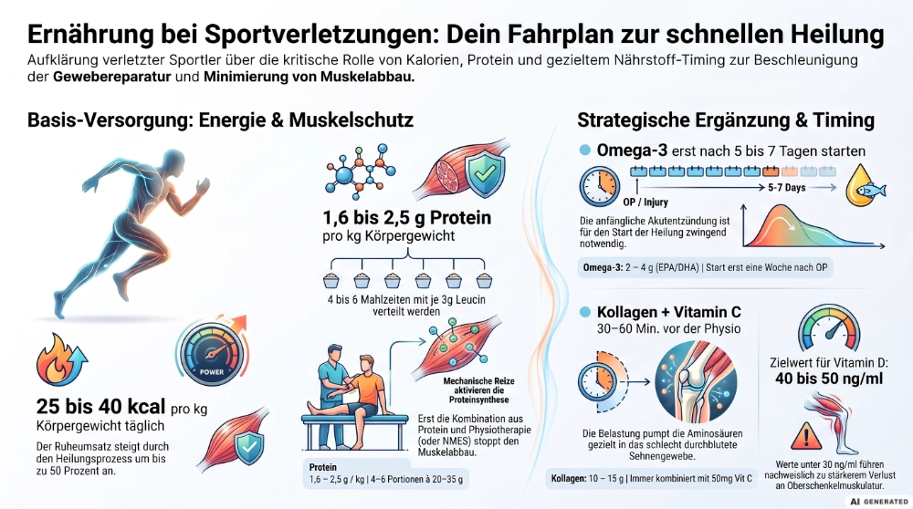 Verletzter Sportler in der Regenerationsphase mit Lebensmitteln für die Ernährung bei Sportverletzungen: Fisch, Eier und Zitrusfrüchte