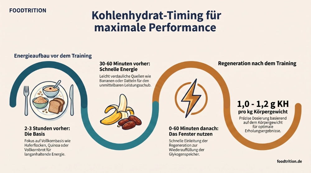 Berufstätiger Sportler mit kohlenhydratreichen Lebensmitteln: Haferflocken, Banane, Vollkornbrot