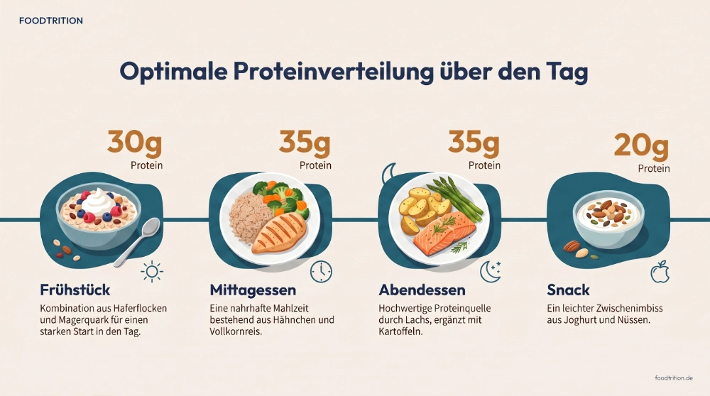 Berufstätiger Sportler mit proteinreichen Lebensmitteln: Eier, Magerquark, Hähnchen, Nüsse